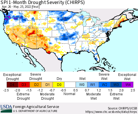 United States SPI 1-Month Drought Severity (CHIRPS) Thematic Map For 4/26/2022 - 5/25/2022