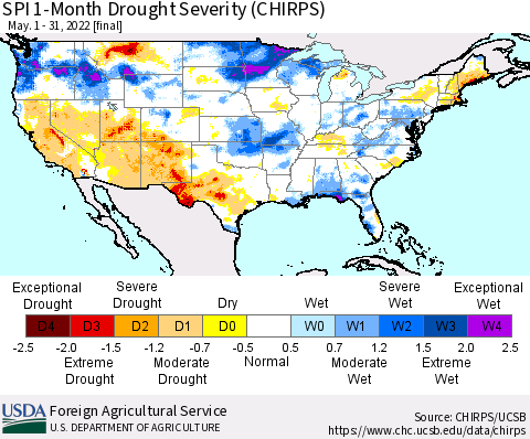 United States SPI 1-Month Drought Severity (CHIRPS) Thematic Map For 5/1/2022 - 5/31/2022