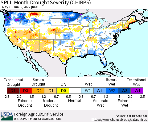 United States SPI 1-Month Drought Severity (CHIRPS) Thematic Map For 5/6/2022 - 6/5/2022