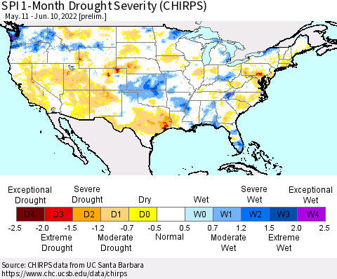 United States SPI 1-Month Drought Severity (CHIRPS) Thematic Map For 5/11/2022 - 6/10/2022