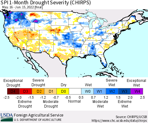 United States SPI 1-Month Drought Severity (CHIRPS) Thematic Map For 5/16/2022 - 6/15/2022