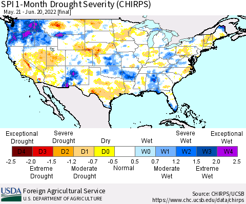 United States SPI 1-Month Drought Severity (CHIRPS) Thematic Map For 5/21/2022 - 6/20/2022