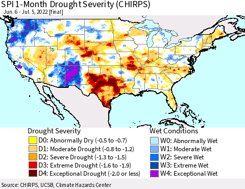 United States SPI 1-Month Drought Severity (CHIRPS) Thematic Map For 6/6/2022 - 7/5/2022