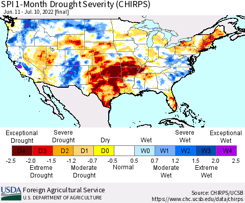 United States SPI 1-Month Drought Severity (CHIRPS) Thematic Map For 6/11/2022 - 7/10/2022