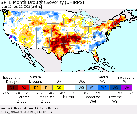 United States SPI 1-Month Drought Severity (CHIRPS) Thematic Map For 6/11/2022 - 7/10/2022