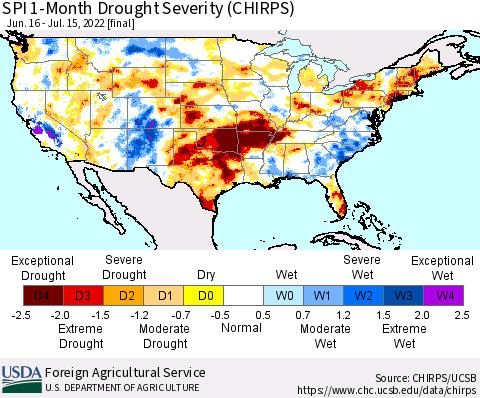 United States SPI 1-Month Drought Severity (CHIRPS) Thematic Map For 6/16/2022 - 7/15/2022