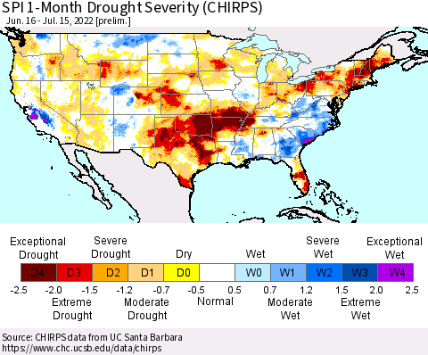 United States SPI 1-Month Drought Severity (CHIRPS) Thematic Map For 6/16/2022 - 7/15/2022