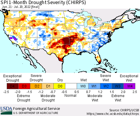 United States SPI 1-Month Drought Severity (CHIRPS) Thematic Map For 6/21/2022 - 7/20/2022