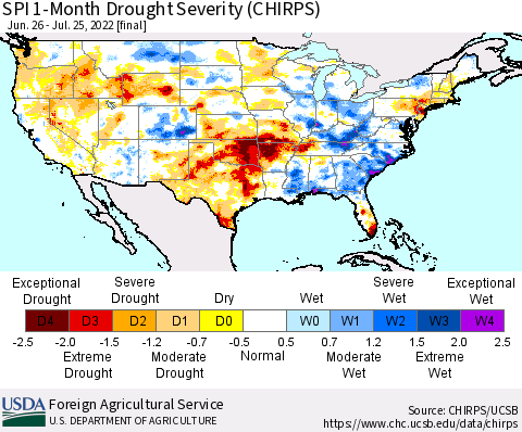 United States SPI 1-Month Drought Severity (CHIRPS) Thematic Map For 6/26/2022 - 7/25/2022