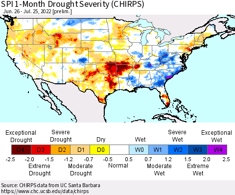United States SPI 1-Month Drought Severity (CHIRPS) Thematic Map For 6/26/2022 - 7/25/2022
