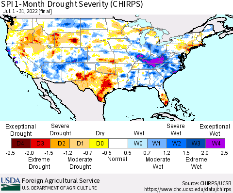 United States SPI 1-Month Drought Severity (CHIRPS) Thematic Map For 7/1/2022 - 7/31/2022