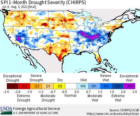 United States SPI 1-Month Drought Severity (CHIRPS) Thematic Map For 7/6/2022 - 8/5/2022