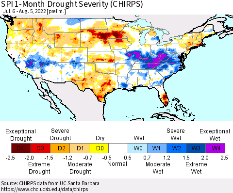 United States SPI 1-Month Drought Severity (CHIRPS) Thematic Map For 7/6/2022 - 8/5/2022