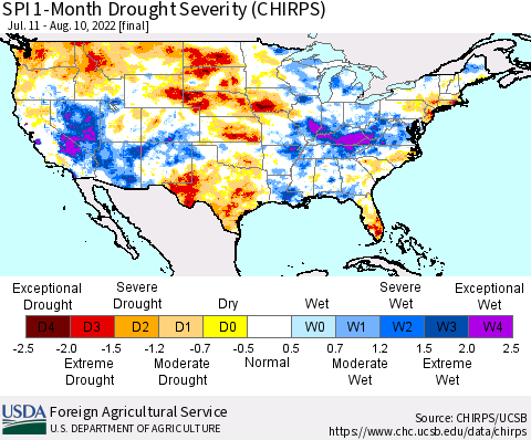 United States SPI 1-Month Drought Severity (CHIRPS) Thematic Map For 7/11/2022 - 8/10/2022