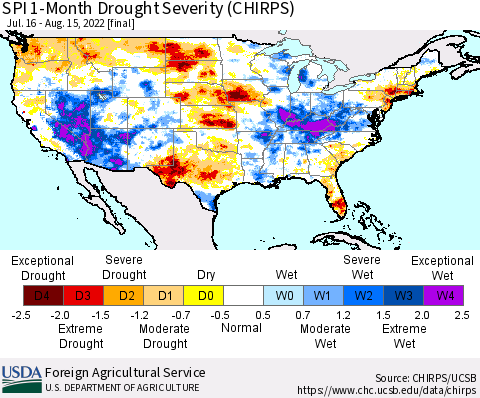 United States SPI 1-Month Drought Severity (CHIRPS) Thematic Map For 7/16/2022 - 8/15/2022