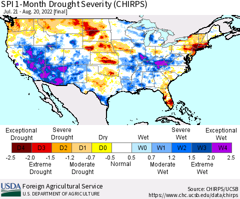 United States SPI 1-Month Drought Severity (CHIRPS) Thematic Map For 7/21/2022 - 8/20/2022