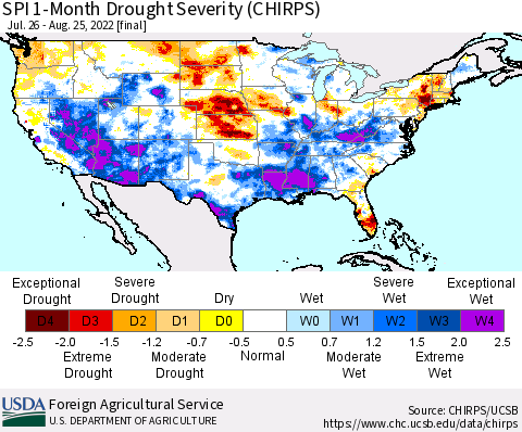 United States SPI 1-Month Drought Severity (CHIRPS) Thematic Map For 7/26/2022 - 8/25/2022