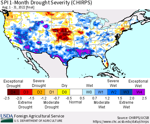 United States SPI 1-Month Drought Severity (CHIRPS) Thematic Map For 8/1/2022 - 8/31/2022