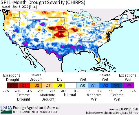 United States SPI 1-Month Drought Severity (CHIRPS) Thematic Map For 8/6/2022 - 9/5/2022