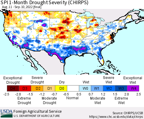 United States SPI 1-Month Drought Severity (CHIRPS) Thematic Map For 8/11/2022 - 9/10/2022
