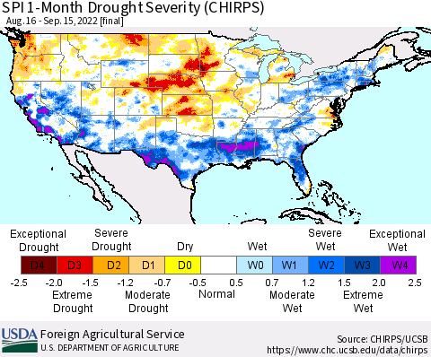 United States SPI 1-Month Drought Severity (CHIRPS) Thematic Map For 8/16/2022 - 9/15/2022