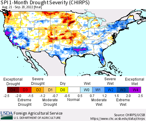 United States SPI 1-Month Drought Severity (CHIRPS) Thematic Map For 8/21/2022 - 9/20/2022