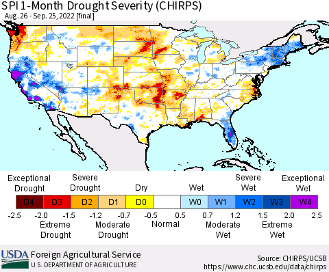 United States SPI 1-Month Drought Severity (CHIRPS) Thematic Map For 8/26/2022 - 9/25/2022