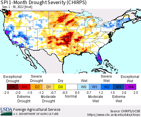 United States SPI 1-Month Drought Severity (CHIRPS) Thematic Map For 9/1/2022 - 9/30/2022
