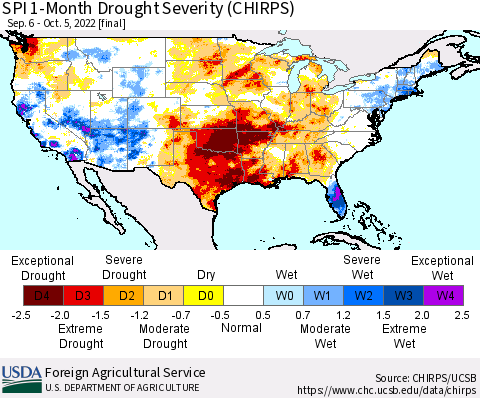 United States SPI 1-Month Drought Severity (CHIRPS) Thematic Map For 9/6/2022 - 10/5/2022