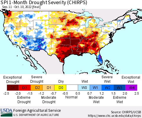 United States SPI 1-Month Drought Severity (CHIRPS) Thematic Map For 9/11/2022 - 10/10/2022