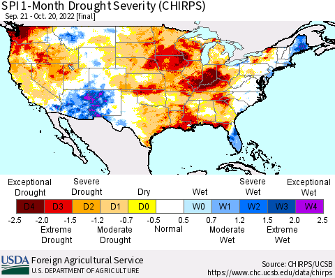 United States SPI 1-Month Drought Severity (CHIRPS) Thematic Map For 9/21/2022 - 10/20/2022