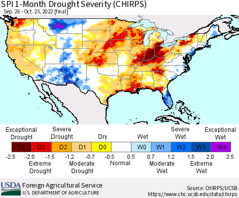 United States SPI 1-Month Drought Severity (CHIRPS) Thematic Map For 9/26/2022 - 10/25/2022
