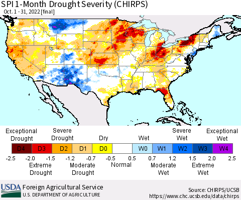 United States SPI 1-Month Drought Severity (CHIRPS) Thematic Map For 10/1/2022 - 10/31/2022
