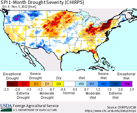 United States SPI 1-Month Drought Severity (CHIRPS) Thematic Map For 10/6/2022 - 11/5/2022