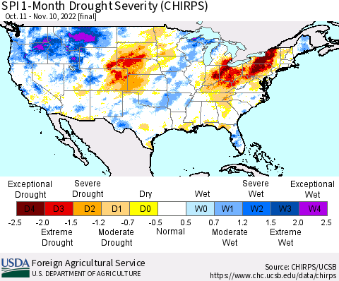 United States SPI 1-Month Drought Severity (CHIRPS) Thematic Map For 10/11/2022 - 11/10/2022