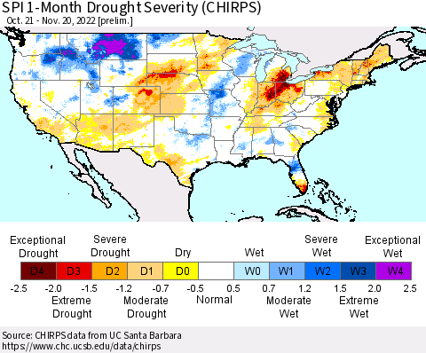 United States SPI 1-Month Drought Severity (CHIRPS) Thematic Map For 10/21/2022 - 11/20/2022