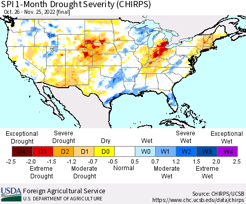 United States SPI 1-Month Drought Severity (CHIRPS) Thematic Map For 10/26/2022 - 11/25/2022