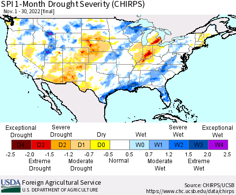 United States SPI 1-Month Drought Severity (CHIRPS) Thematic Map For 11/1/2022 - 11/30/2022