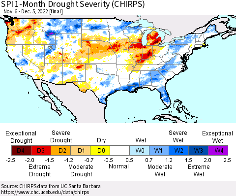 United States SPI 1-Month Drought Severity (CHIRPS) Thematic Map For 11/6/2022 - 12/5/2022