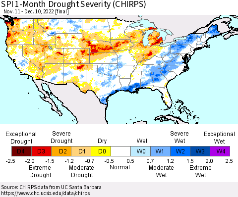 United States SPI 1-Month Drought Severity (CHIRPS) Thematic Map For 11/11/2022 - 12/10/2022