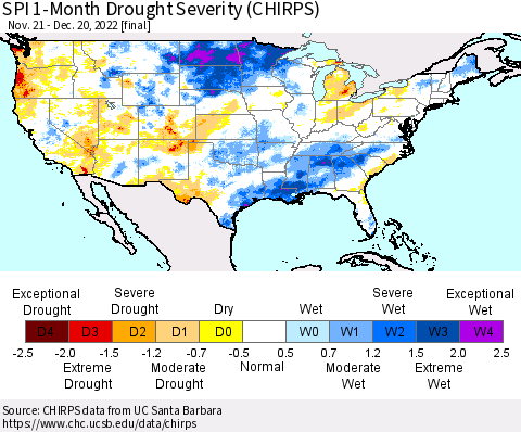 United States SPI 1-Month Drought Severity (CHIRPS) Thematic Map For 11/21/2022 - 12/20/2022