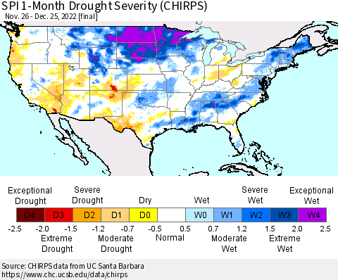 United States SPI 1-Month Drought Severity (CHIRPS) Thematic Map For 11/26/2022 - 12/25/2022