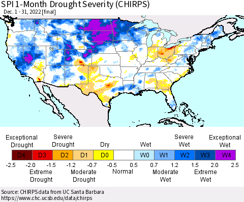 United States SPI 1-Month Drought Severity (CHIRPS) Thematic Map For 12/1/2022 - 12/31/2022