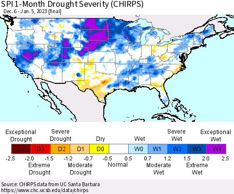 United States SPI 1-Month Drought Severity (CHIRPS) Thematic Map For 12/6/2022 - 1/5/2023