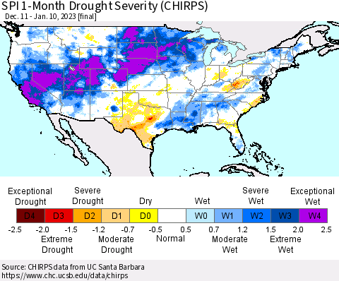 United States SPI 1-Month Drought Severity (CHIRPS) Thematic Map For 12/11/2022 - 1/10/2023