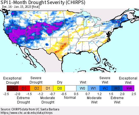 United States SPI 1-Month Drought Severity (CHIRPS) Thematic Map For 12/16/2022 - 1/15/2023