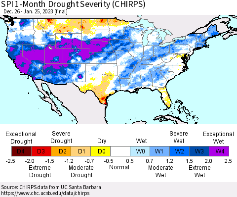 United States SPI 1-Month Drought Severity (CHIRPS) Thematic Map For 12/26/2022 - 1/25/2023