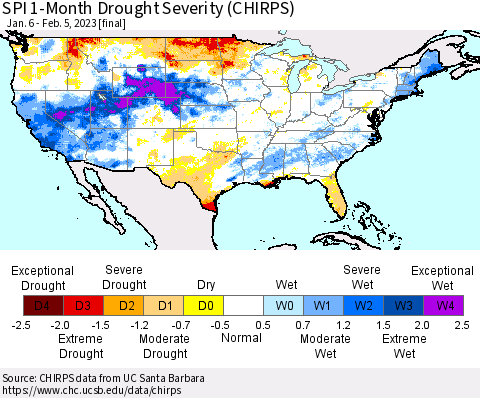 United States SPI 1-Month Drought Severity (CHIRPS) Thematic Map For 1/6/2023 - 2/5/2023