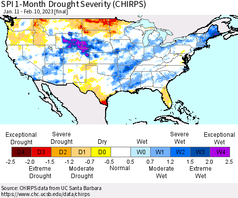 United States SPI 1-Month Drought Severity (CHIRPS) Thematic Map For 1/11/2023 - 2/10/2023