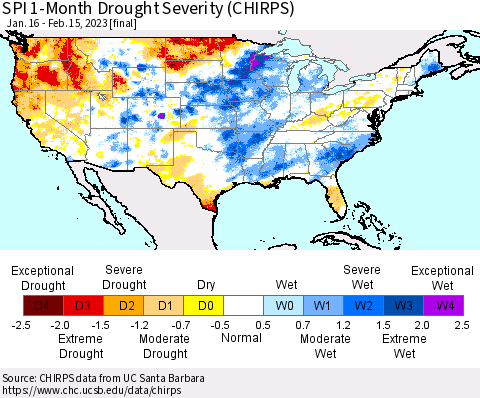 United States SPI 1-Month Drought Severity (CHIRPS) Thematic Map For 1/16/2023 - 2/15/2023